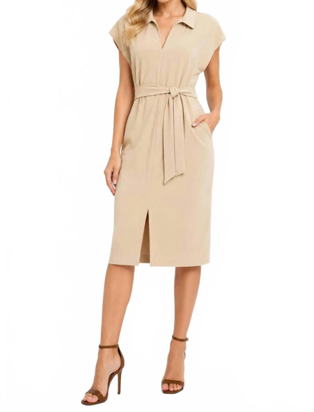 NEW MAGGY LONDON collared split neck midi dress in irish cream